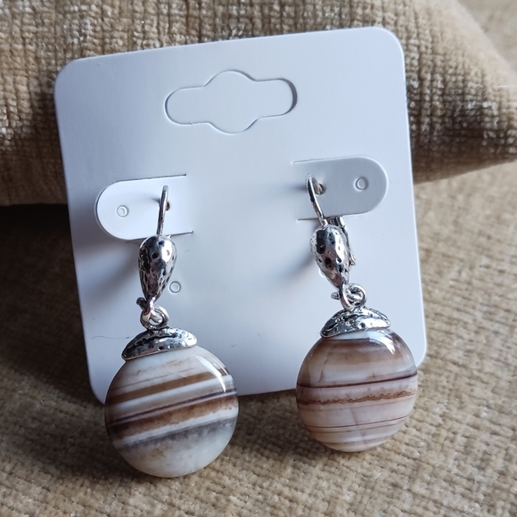 Silver Tone Leverback Brown Striped Stone Earrings - Picture 9 of 13